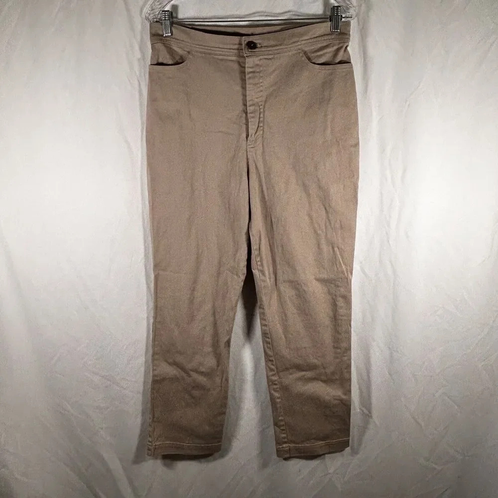 TravelSmith Pants Women's 14 Tan High Rise Button Zip Cotton Blend Pockets